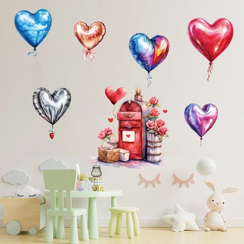 Valentine's Day Heart Balloon Mailbox Wall Sticker Watercolor Rose PVC Decorative Mural For Living Room Bedroom Kids Room