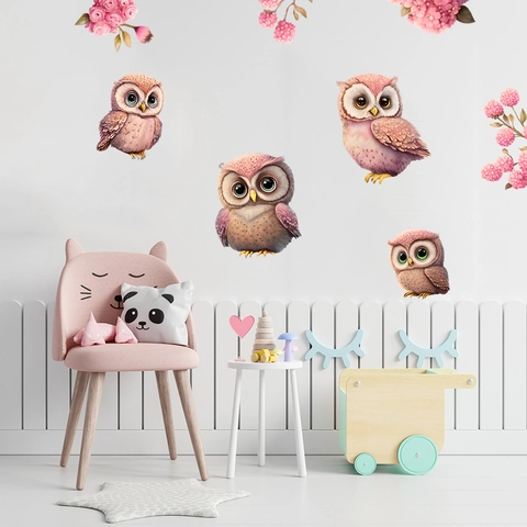 Pink Cartoon Owl Flower Wall Sticker PVC Waterproof Self Adhesive Wall Decal For Kids Room Living Room Bedroom Home Decor