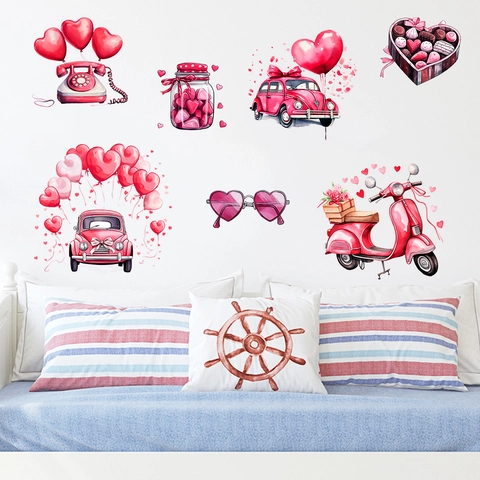 Pegatinas de Pared de San Valentino Acuarela Corazón Globo Camión Rosa Romántico Calcomanías de PVC Extraíbles Para Decoración