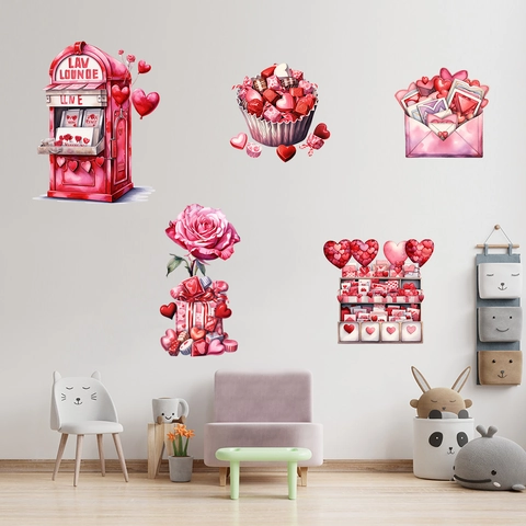 Valentinstag Herz Wandaufkleber PVC Wasserdicht Aquarell Stil Rose Cupcake Briefkasten Dekoration Für Wohnzimmer Schlafzimmer