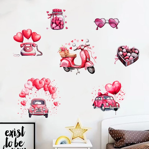 Pegatinas de Pared de San Valentino Acuarela Corazón Globo Camión Rosa Romántico Calcomanías de PVC Extraíbles Para Decoración