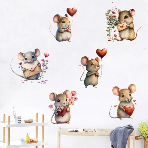 Adhesivo de Pared de Corazón de Ratón de Dibujos Animados Acuarela PVC Autoadhesivo Para Habitación Infantil San Valentín