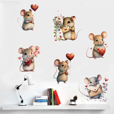 Adhesivo de Pared de Corazón de Ratón de Dibujos Animados Acuarela PVC Autoadhesivo Para Habitación Infantil San Valentín