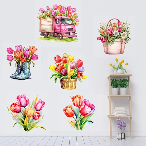 Sticker Mural Camion de Fleurs Tulipes Aquarelle Saint-Valentin PVC Auto-Adhésif Décoration Salon Chambre
