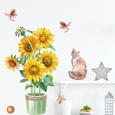 Adesivi da Parete Girasole Gatto Uccello Acquerello PVC Removibile Impermeabile Arte da Parete Soggiorno Camera Decorazione