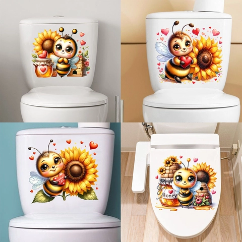 Adhesivo de Inodoro Impermeable de PVC con Girasol y Abeja de Dibujos Animados para el Día de San Valentín para Decoración de Baño