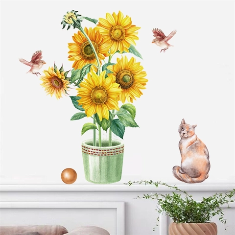 Adesivi da Parete Girasole Gatto Uccello Acquerello PVC Removibile Impermeabile Arte da Parete Soggiorno Camera Decorazione
