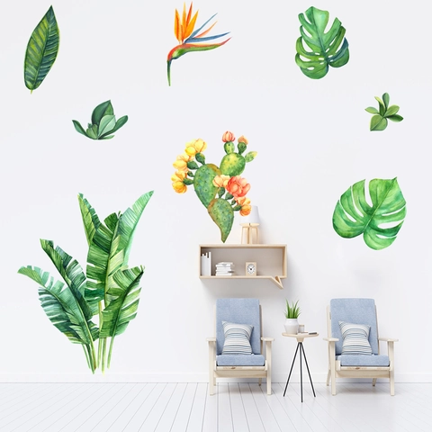 Tropical Green Plants Cactus Wall Stickers Waterproof PVC Removable Watercolor Leaf Wall Decals For Living Room Bedroom Home Decor