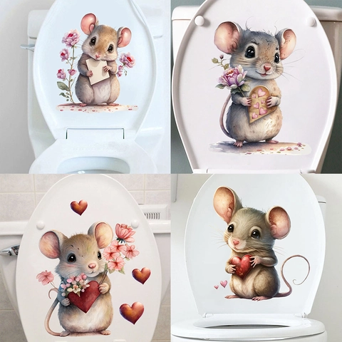 Simpatico Adesivo per Sedile del Gabinetto Topo Cartone Animato Cuore Fiore Impermeabile PVC Rimovibile per San Valentino Bagno