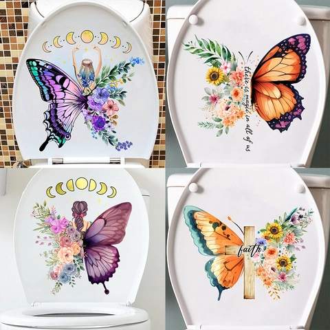 Adesivo per Coperchio del Water in PVC Impermeabile Con Farfalla Ragazza Fiore Fase Lunare Decalcomania da Muro Artistica Rimovibile