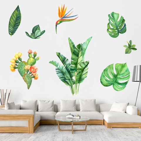 Tropical Green Plants Cactus Wall Stickers Waterproof PVC Removable Watercolor Leaf Wall Decals For Living Room Bedroom Home Decor
