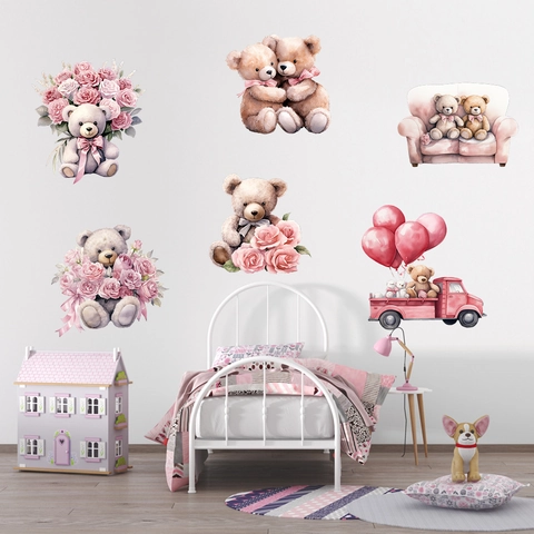 Vinilo de Pared Oso de Peluche Acuarela Rosas Globos Corazón Rosa Camión PVC Removible Adhesivo Decoración Cuarto Niños