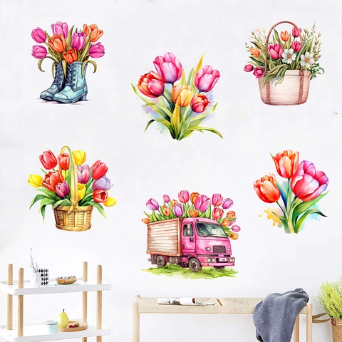 Sticker Mural Camion de Fleurs Tulipes Aquarelle Saint-Valentin PVC Auto-Adhésif Décoration Salon Chambre