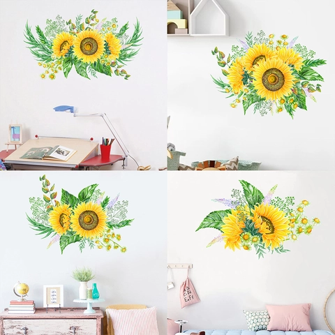 Pegatinas de Pared de PVC de Girasol Impermeables Calcomanía Botánica Acuarela para Sala de Estar Dormitorio Cocina Decoración de Pared