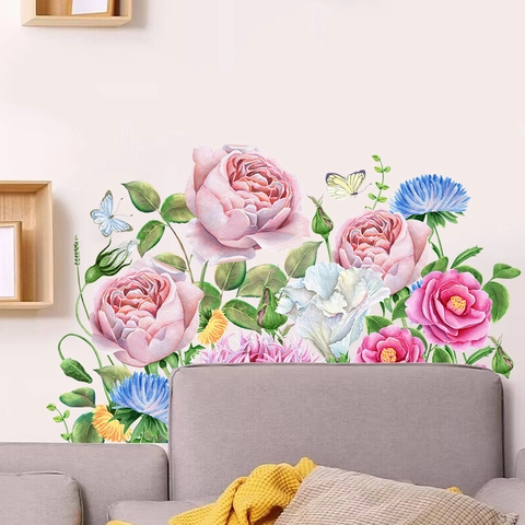 Vinilo Decorativo de Mariposa Flor de Peonía Acuarela Mural de Planta Floral Autoadhesivo para Sala de Estar Dormitorio Decoración de Pared de Hogar