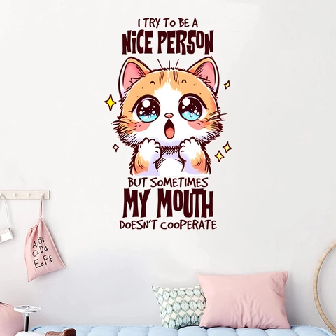 Cartoon Orange Weiße Katze Wandtattoo Humorvolles Zitat I Try To Be A Nice Person Wasserdichtes Abnehmbares PVC Aufkleber