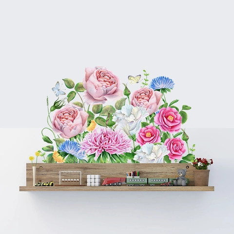 Vinilo Decorativo de Mariposa Flor de Peonía Acuarela Mural de Planta Floral Autoadhesivo para Sala de Estar Dormitorio Decoración de Pared de Hogar