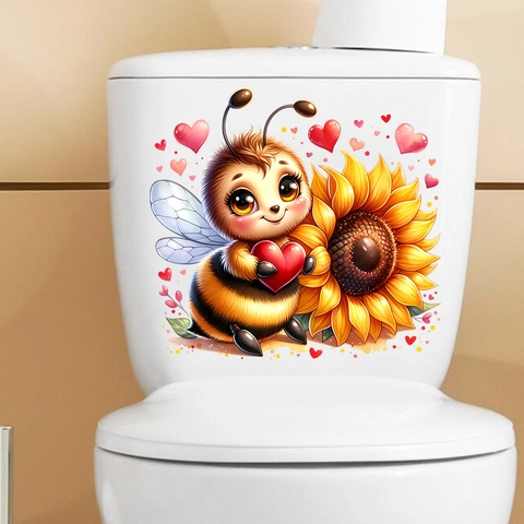 Adhesivo de Inodoro Impermeable de PVC con Girasol y Abeja de Dibujos Animados para el Día de San Valentín para Decoración de Baño
