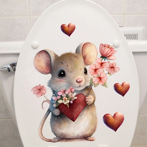 Simpatico Adesivo per Sedile del Gabinetto Topo Cartone Animato Cuore Fiore Impermeabile PVC Rimovibile per San Valentino Bagno