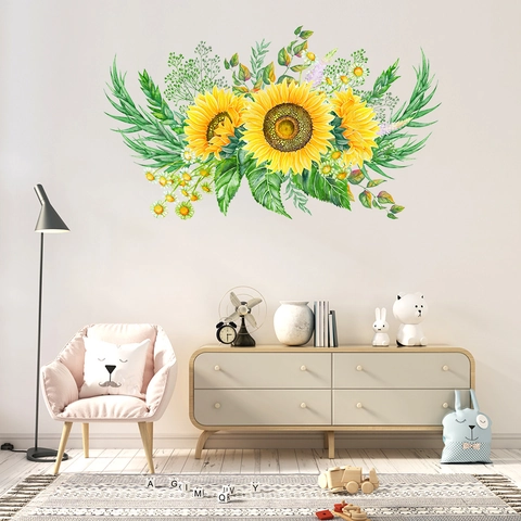 Pegatinas de Pared de PVC de Girasol Impermeables Calcomanía Botánica Acuarela para Sala de Estar Dormitorio Cocina Decoración de Pared