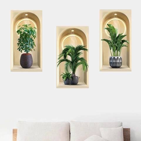 3D Potplanten Muurstickers Set van 3 Stuks PVC Waterdicht Zelfklevend Visuele Muurstickers Voor Woonkamer Slaapkamer Decor