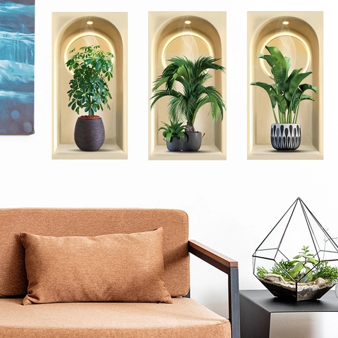 3D Potplanten Muurstickers Set van 3 Stuks PVC Waterdicht Zelfklevend Visuele Muurstickers Voor Woonkamer Slaapkamer Decor