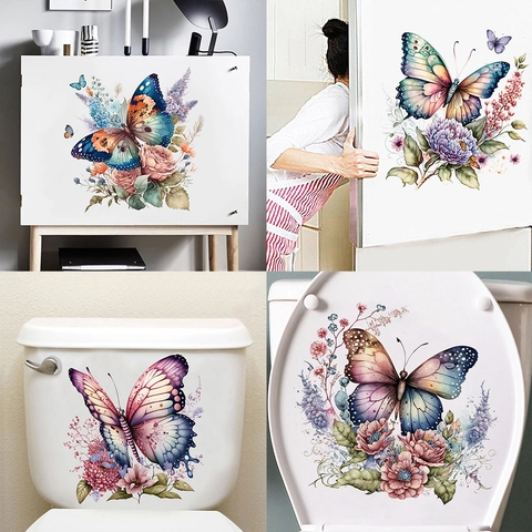 Adesivo da Bagno Farfalla Fiore Impermeabile PVC Decalcomania da Muro Per Toilette Frigorifero Soggiorno Camera da Letto Casa