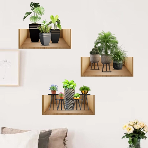 Sticker Mural Plantes Vertes Simulation 3D Cadre Bois Plantes en Pot PVC Imperméable Amovible Décoration Intérieure Murale