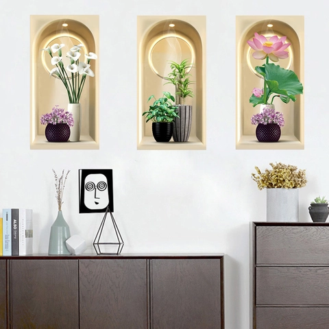 3D Visuele Faux Nis Muursticker Modern Minimalistisch Lelie Lotus Potplant Patroon PVC Zelfklevend Waterdicht Muurtattoo Woonkamer Slaapkamer Huis Decoratie