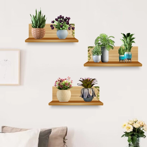 Sticker Mural 3D Plantes en Pot Étagère en Bois PVC Imperméable DIY Mural Autocollant Pour Salon Chambre Décoration