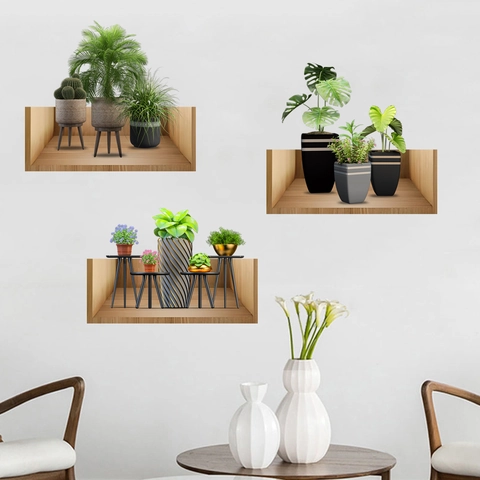 Sticker Mural Plantes Vertes Simulation 3D Cadre Bois Plantes en Pot PVC Imperméable Amovible Décoration Intérieure Murale