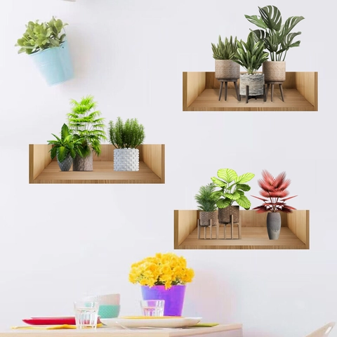 Sticker Mural Simulation 3D Étagère en Bois Plantes en Pot Imperméable PVC Décalcomanie Décorative pour Salon Chambre Maison