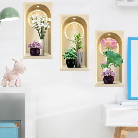 3D Visuele Faux Nis Muursticker Modern Minimalistisch Lelie Lotus Potplant Patroon PVC Zelfklevend Waterdicht Muurtattoo Woonkamer Slaapkamer Huis Decoratie