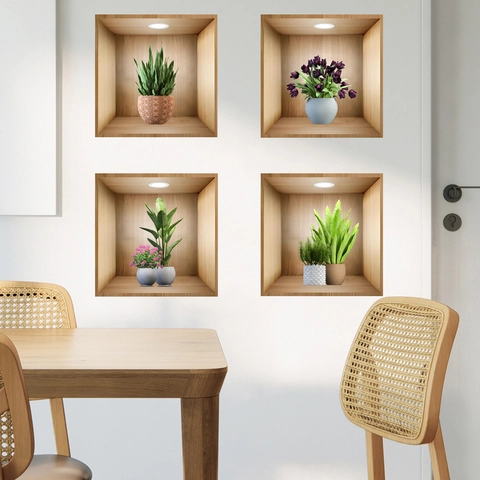 3D Visuelle Holzrahmenimitat Topfpflanzen Wandaufkleber Wasserdicht PVC Deko Aufkleber Für Wohnzimmer Schlafzimmer Kinderzimmer