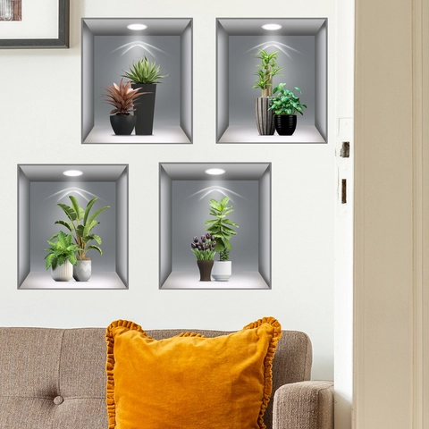 Adesivi Murali Piante Verdi 3D In Vaso Impermeabile PVC Home Decor Decal Moderne Cornice In Legno Design Per Soggiorno