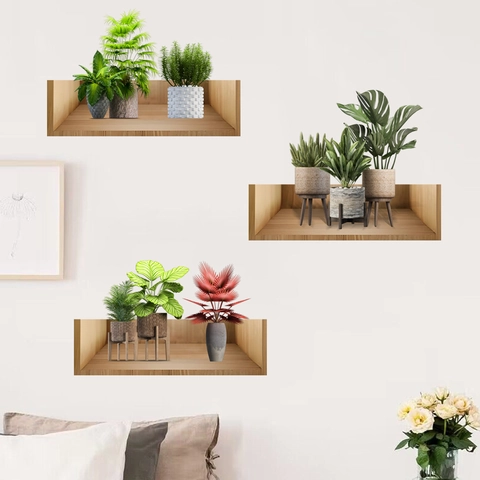 Sticker Mural Simulation 3D Étagère en Bois Plantes en Pot Imperméable PVC Décalcomanie Décorative pour Salon Chambre Maison