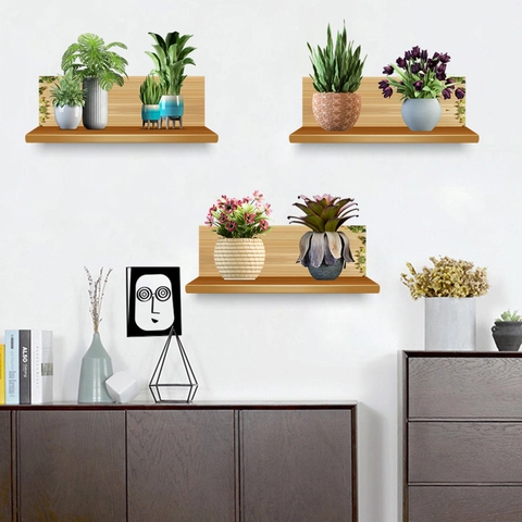 Sticker Mural 3D Plantes en Pot Étagère en Bois PVC Imperméable DIY Mural Autocollant Pour Salon Chambre Décoration
