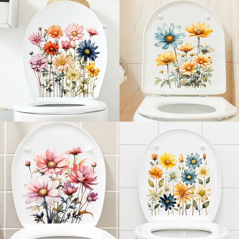Pegatina de Tapa de Inodoro de Flores de Margarita Impermeable de PVC Autoadhesiva Calcomanía de Pared para Baño Cocina Refrigerador Decoración del Hogar Pegatina de Arte Floral Moderno