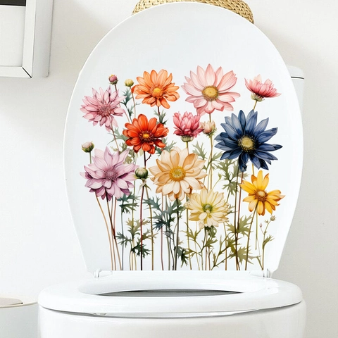Pegatina de Tapa de Inodoro de Flores de Margarita Impermeable de PVC Autoadhesiva Calcomanía de Pared para Baño Cocina Refrigerador Decoración del Hogar Pegatina de Arte Floral Moderno