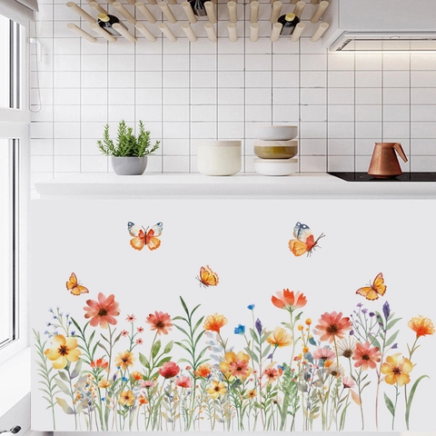Aquarell Blumen Schmetterling Wandsticker Abnehmbar PVC Selbstklebend Wasserdicht Floral Gras Wandtattoo Wohnzimmer Schlafzimmer Deko