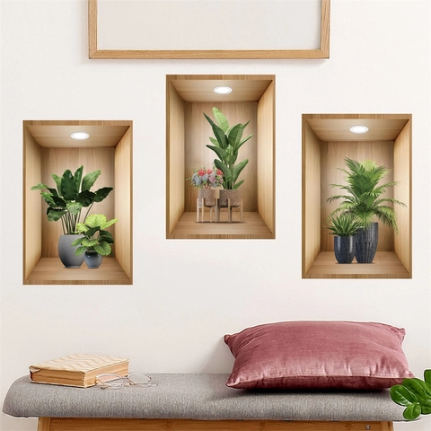3D Realistisch Groen Plant Pot Muursticker Houtnerf Nis Frame Ontwerp Waterdicht PVC Decoratie Woonkamer Slaapkamer Muurschildering