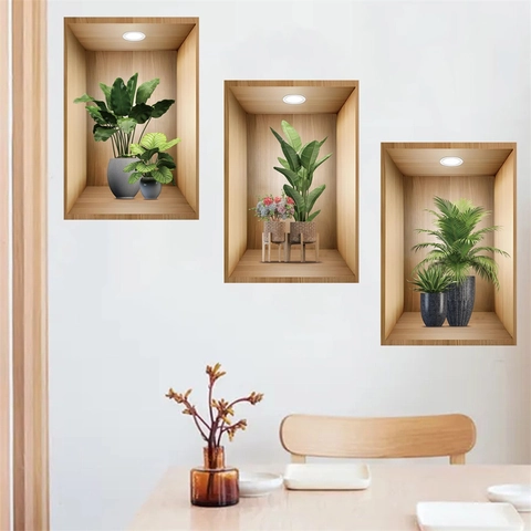 3D Realistisch Groen Plant Pot Muursticker Houtnerf Nis Frame Ontwerp Waterdicht PVC Decoratie Woonkamer Slaapkamer Muurschildering