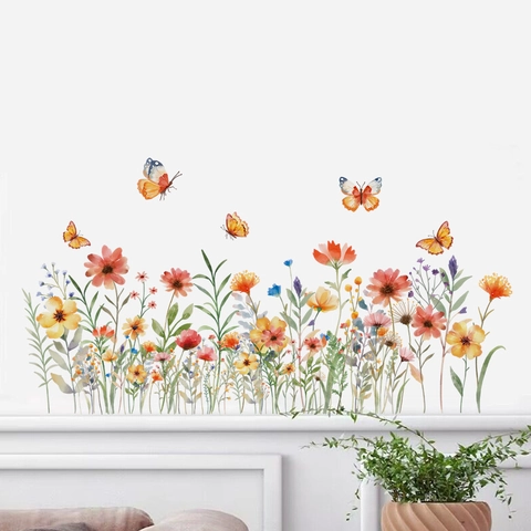Aquarell Blumen Schmetterling Wandsticker Abnehmbar PVC Selbstklebend Wasserdicht Floral Gras Wandtattoo Wohnzimmer Schlafzimmer Deko