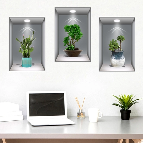 3D Simulatie Plant Nis Muurstickers PVC Waterdicht Zelfklevend Cactus Vetplant Voor Woonkamer Slaapkamer Decoratie