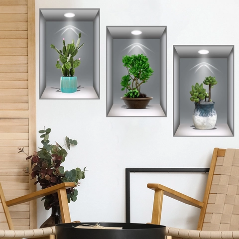 3D Simulatie Plant Nis Muurstickers PVC Waterdicht Zelfklevend Cactus Vetplant Voor Woonkamer Slaapkamer Decoratie