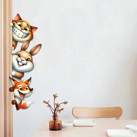 Stickers Muraux Animaux Dessin Animé 3D Imperméable PVC Amovible Peeking Chien Tigre Lapin Renard Décalcomanies Chambre Enfant