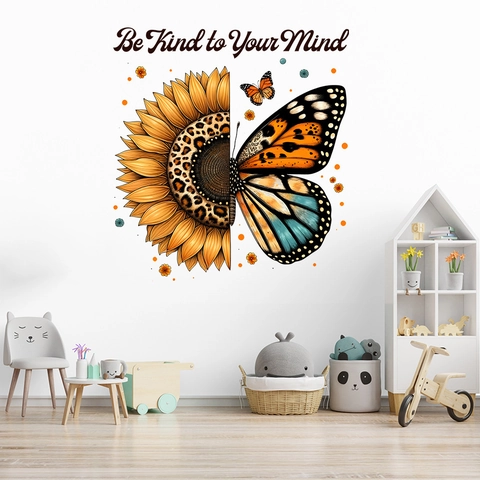 Sticker Mural Tournesol Papillon Imprimé Léopard Be Kind To Your Mind Inspirant PVC Imperméable Autocollant Décoration Maison