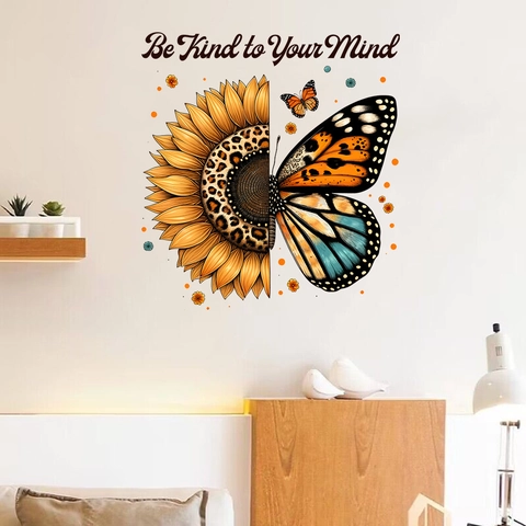 Sticker Mural Tournesol Papillon Imprimé Léopard Be Kind To Your Mind Inspirant PVC Imperméable Autocollant Décoration Maison