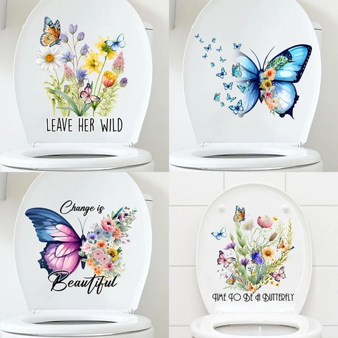 Waterdichte PVC Vlinder Bloem Toiletbril Sticker Verwijderbare Badkamer Muursticker Esthetische Bloemen Muurschildering