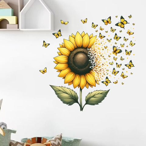 Adesivo da Parete Girasole Farfalla PVC Impermeabile Removibile Decalcomania Moderno Semplice Murale Arte per Soggiorno Casa